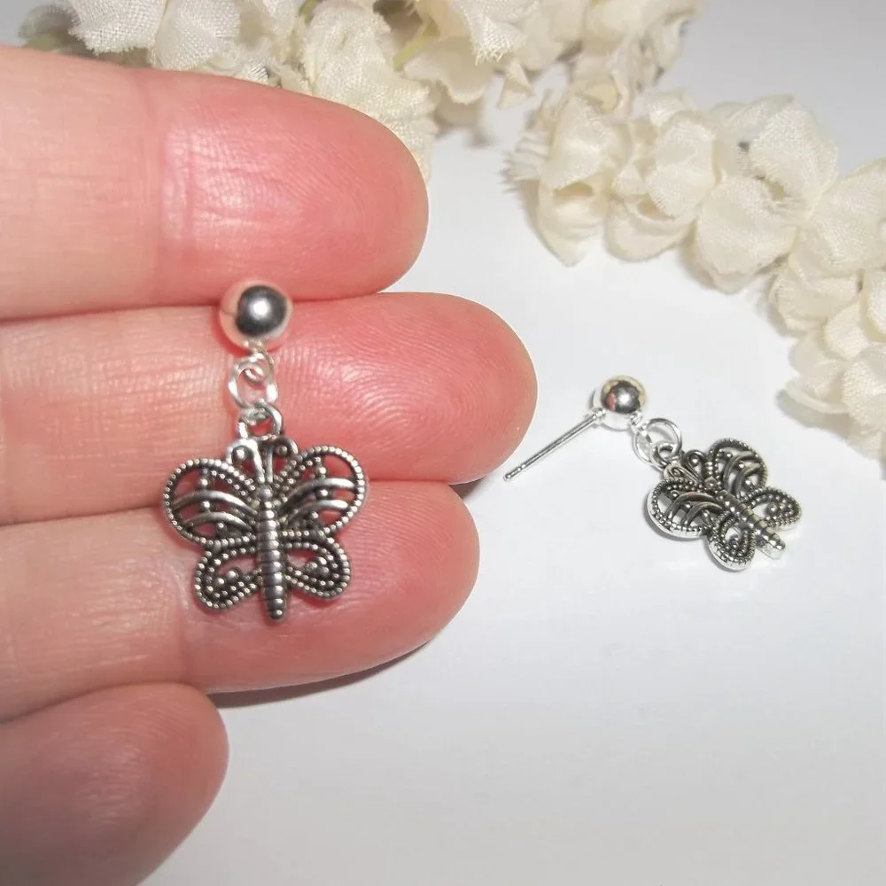 Silver Butterfly Earrings Post Stud Jewelry Minimalist Style Gift Idea Girl A184 - Picture 6 of 8